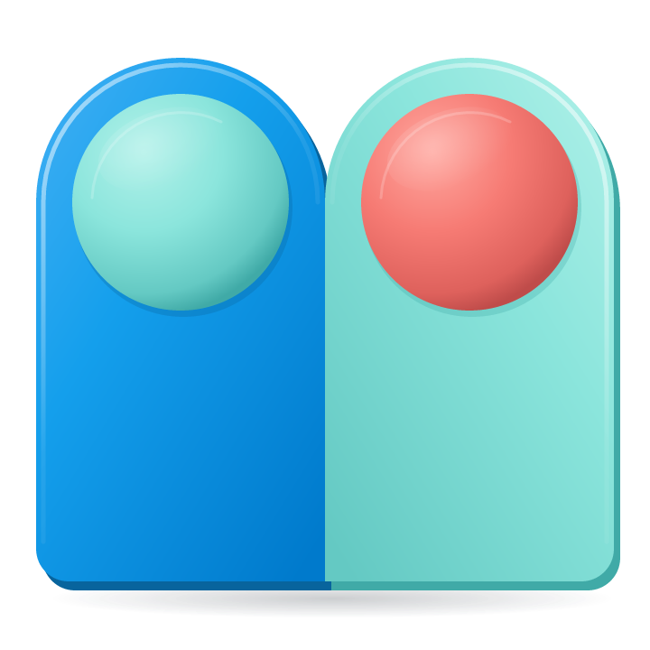 Ask and Give: two rounded figures, mineral blue with a rich brown face and fern green with a warm tan face, joined at the base.